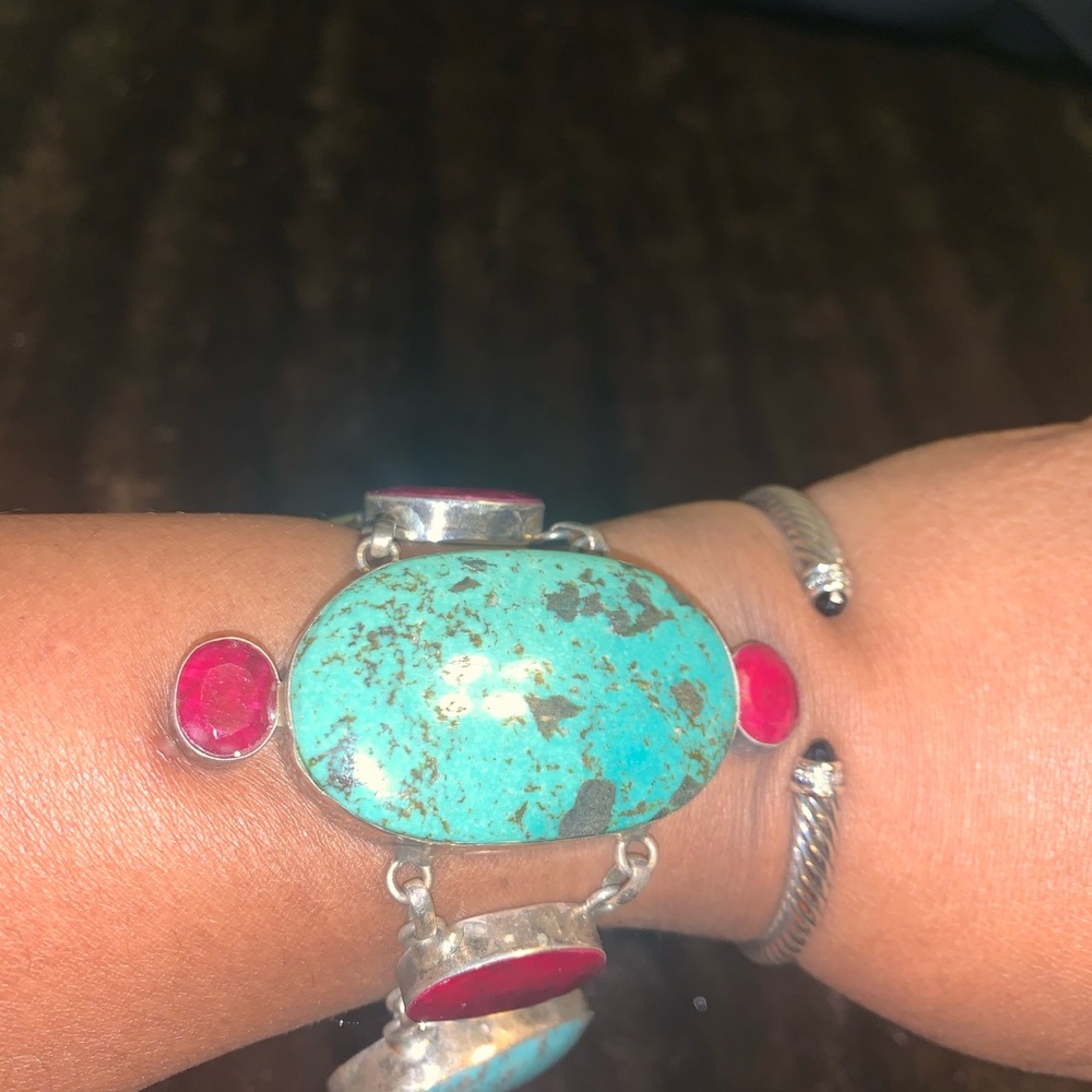 Turquoise and Red Stone Silver Bracelet